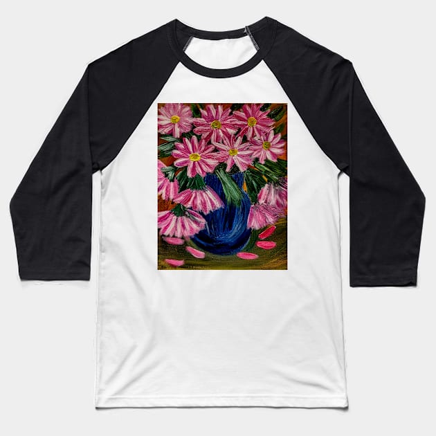 bright and colorful abstract flowers in a deep blue vase. Baseball T-Shirt by kkartwork